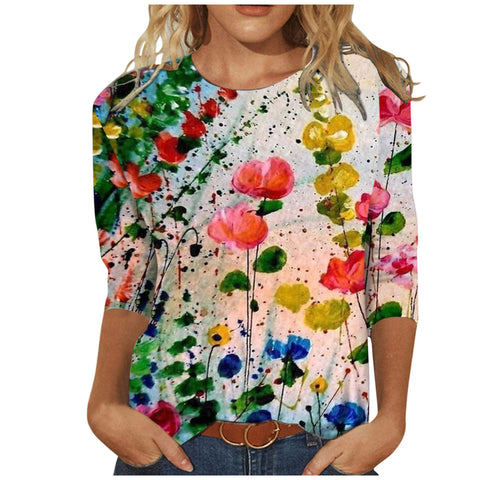 Damenbekleidung Rundhals 3/4 Ärmel Lose Print T-Shirt M300227 