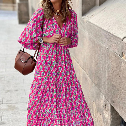 Robe à manches bouffantes à imprimé géométrique, jupe de rue frite m300902 