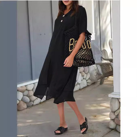 Gewebtes doppellagiges literarisches Kleid aus Baumwolle und Leinen mit geteiltem V-Ausschnitt m301247 