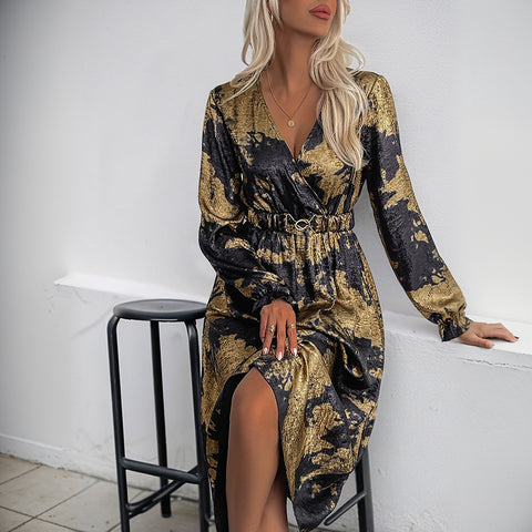 Temperament v-ausschnitt mit langen ärmeln A-pendel bronzing kleid herbst frauen high-end-m300808 