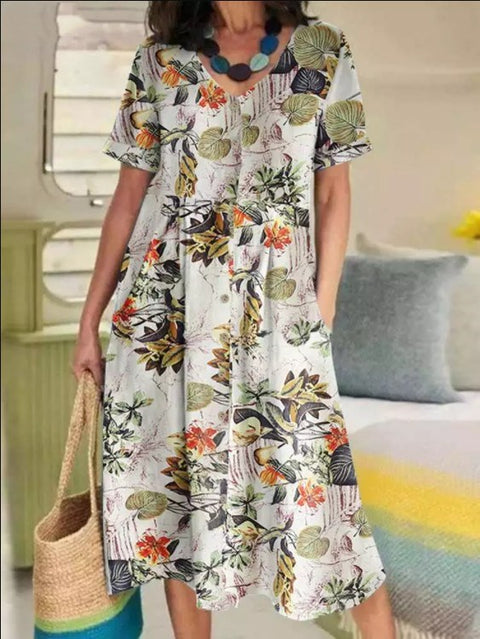 Summer printed cotton and linen retro ethnic style loose short-sleeved pendulum dress m301970