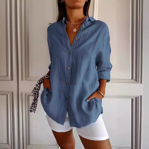 Women's Single-Breasted Pleated Lapel Shirt Solid Color Rollable Sleeves Top M300226