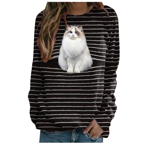 T-shirt décontracté à manches longues et imprimé chat, haut rayé m300513 