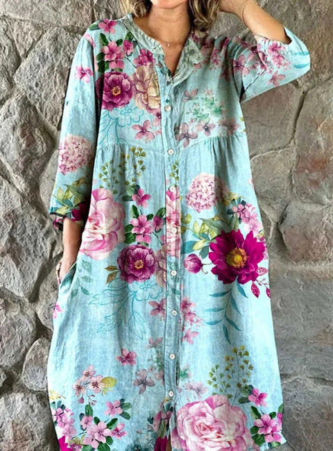 Lockeres Damen-Hemdkleid mit Rundhalsausschnitt, modisch, Premium, langärmlig, bedruckt, m301050