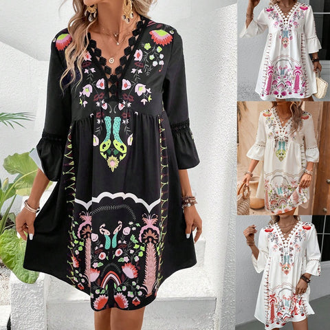 Neues lässiges, vielseitiges Printkleid mit V-Ausschnitt und Spitzenspleißen m300993 