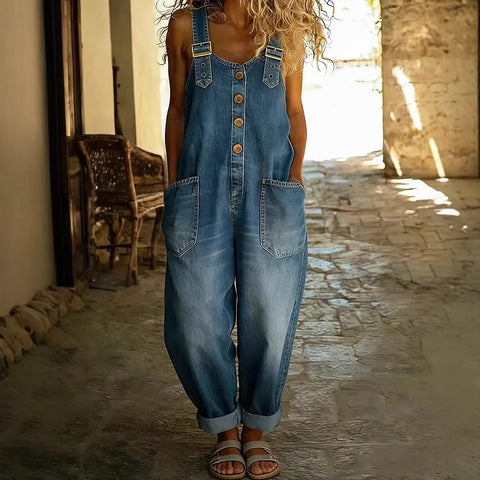Stylish retro old loose women's casual denim jumpsuit with adjustable buckle m302836