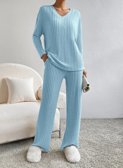 Gerade Hose Temperament locker V-Ausschnitt Grubenstreifen Strickbezug m301375 