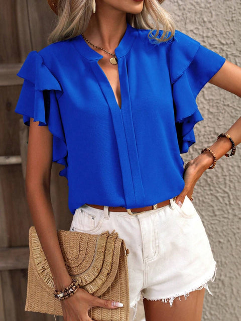 V-neck casual double-layer lotus leaf sleeve solid color shirt top m300883