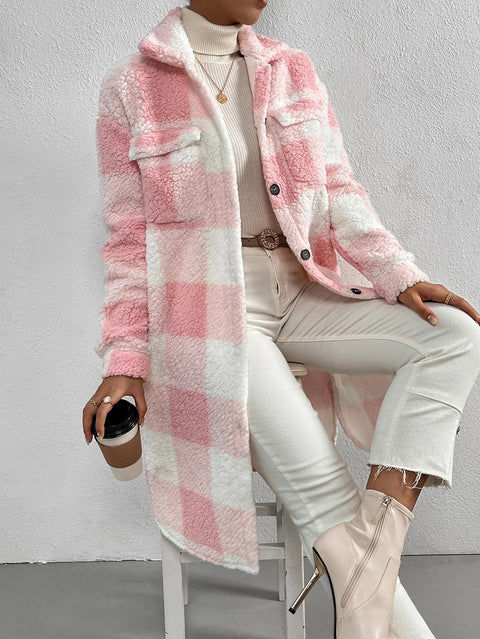 Veste à carreaux en peluche à revers ouvert pour femme, manteau long et ample, style banlieue, m300360 
