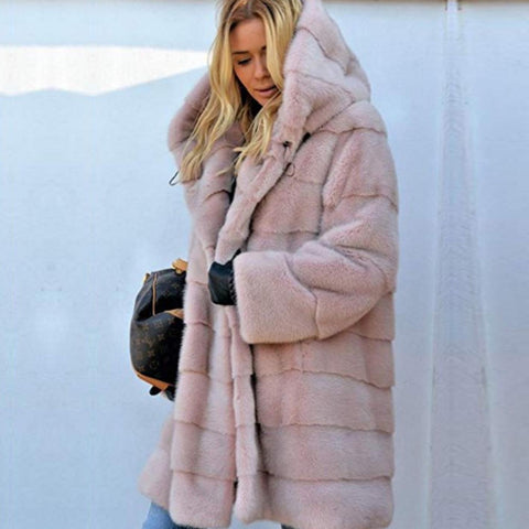 Street hipster no belt solid color long sleeve artificial fur hooded warm fur jacket autumn m302144