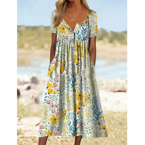 Robe imprimée à manches courtes et col en V avec poches pour femme et jupe longue m300028 