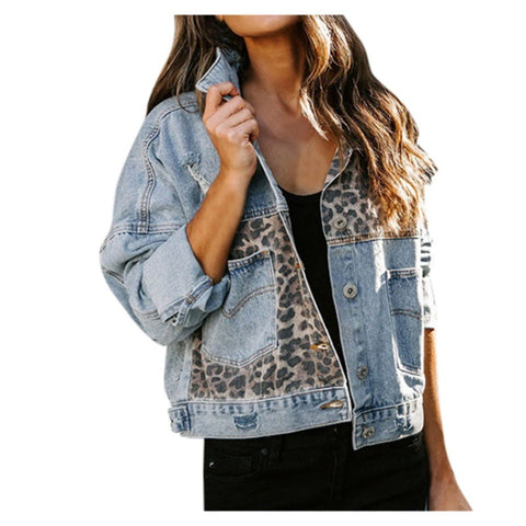 Veste en jean femme manches longues, veste en jean femme imprimé léopard épissage m300582 