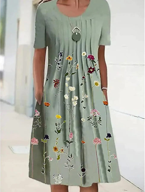 Robe mi-longue à imprimé floral, col rond, poches, printemps/été, pour femme, m300037 