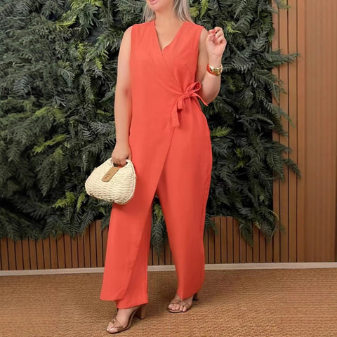 Solid color casual V-neck strap jumpsuit m303023