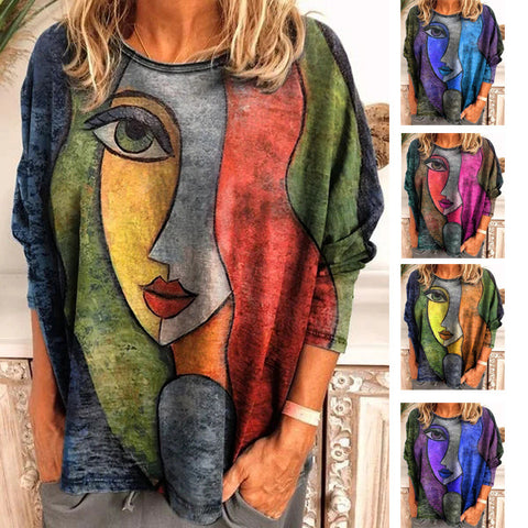 Großes Damen-T-Shirt mit Gesichtsdruck und langen Ärmeln, lockeres Damen-T-Shirt m300665 