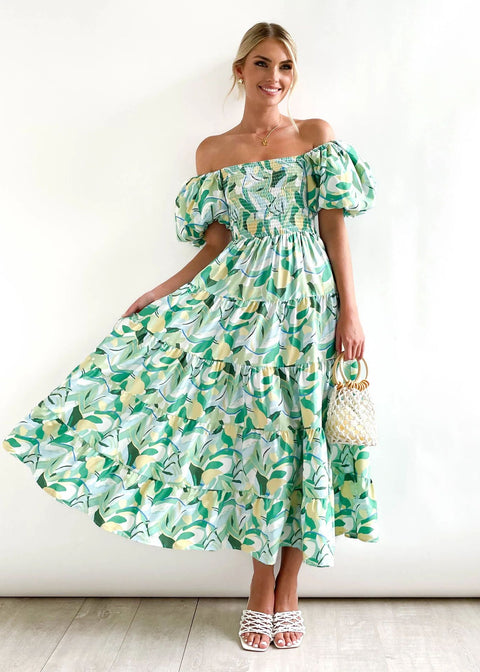 Robe longue imprimée à manches bouffantes et épaules dénudées pour femme M300282 
