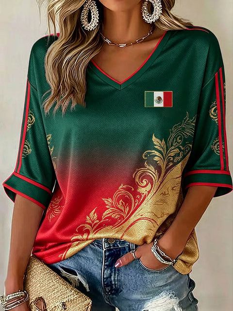 Down shoulder V-neck seven-quarter sleeve 3D printed women's top T-shirt m302844