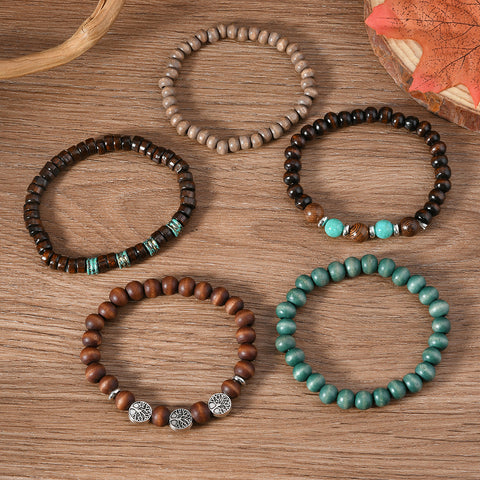 Retro-Wind-Zinklegierung-Lebensbaum, handgewebte Holzperlen, mehrschichtiges fünfteiliges Armband m3331272 