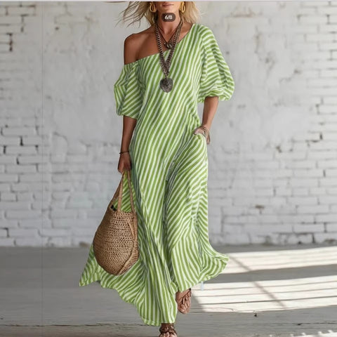 Summer new printing elegant classic striped off-the-shoulder dress m302357