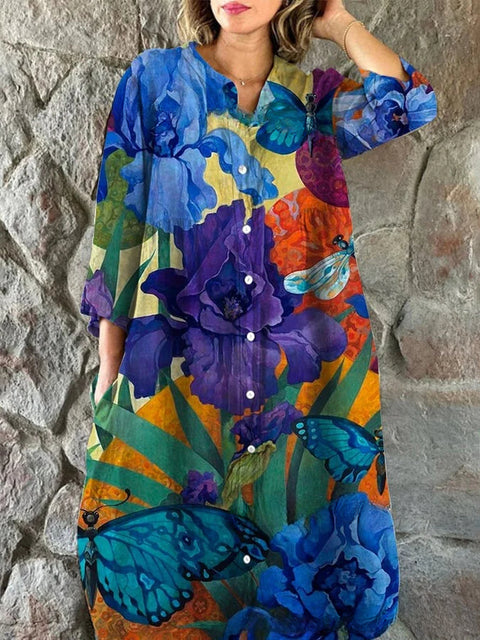 Lockeres Damen-Hemdkleid mit Rundhalsausschnitt, modisch, Premium, langärmlig, bedruckt, m301050