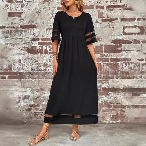 Large size women's five-quarter sleeve mesh crew neck splicing pocket dress m302052