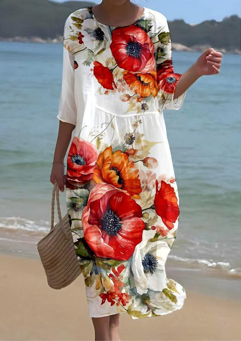 Robe ample à col ras du cou et manches longues imprimée m301072