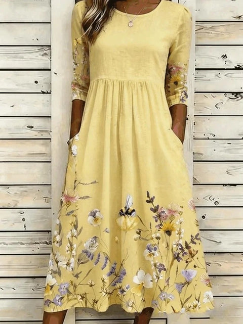 3D printed floral element women's crew neck pocket dress m303029