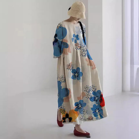 Lockeres, modisches, hochwertiges, langärmeliges Kleid mit Rundhalsausschnitt und Print m301054
