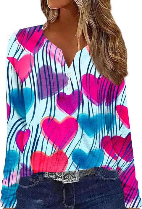 Bedrucktes Langarm-T-Shirt mit V-Ausschnitt und drei Knöpfen, m300618 