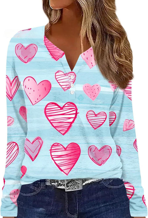 Bedrucktes Langarm-T-Shirt mit V-Ausschnitt und drei Knöpfen, m300618 