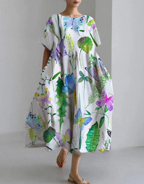 Lockeres Damenkleid mit Rundhalsausschnitt, modisches High-End-Kleid mit kurzen Ärmeln und Print m301052