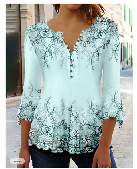 Modisches Ruili T-Shirt mit Blumendruck und V-Ausschnitt und Dreiviertelärmeln m300035