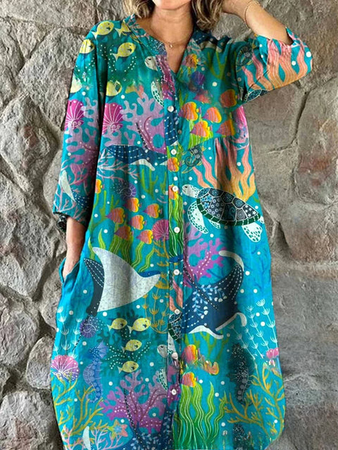 Lockeres Damen-Hemdkleid mit Rundhalsausschnitt, modisch, Premium, langärmlig, bedruckt, m301050