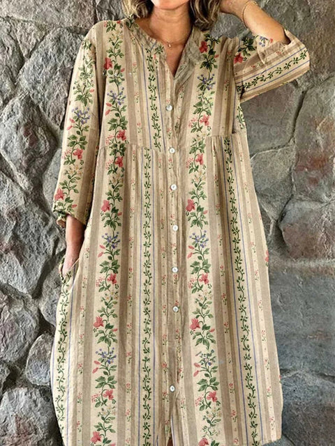 Lockeres Damen-Hemdkleid mit Rundhalsausschnitt, modisch, Premium, langärmlig, bedruckt, m301050