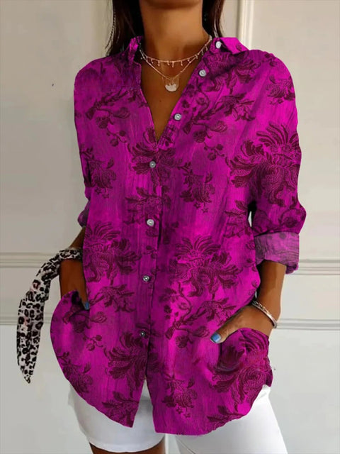 3D digital printing abstract pattern women's long-sleeved buckle linen shirt m302749-03