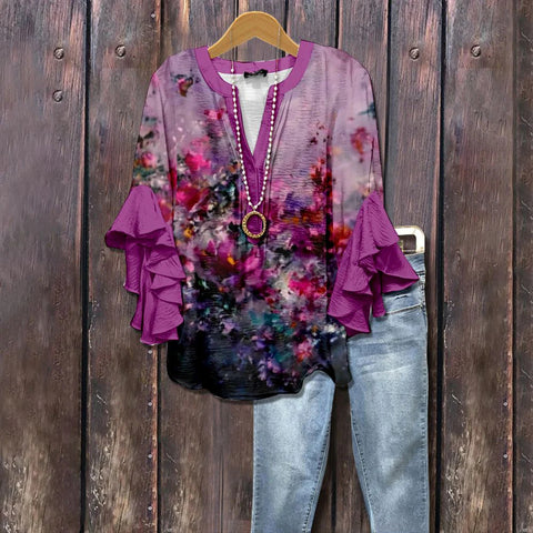 T-shirt ample à col en V et imprimé lotus pour femme (M301353) 