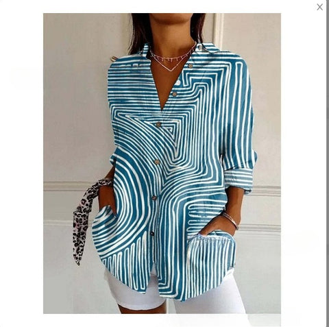 3D digital printing abstract pattern women's long-sleeved buckle linen shirt m302749-03