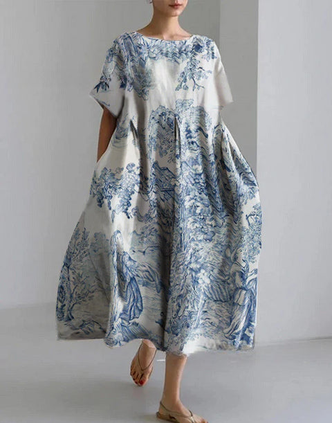 Lockeres Damenkleid mit Rundhalsausschnitt, modisches High-End-Kleid mit kurzen Ärmeln und Print m301052