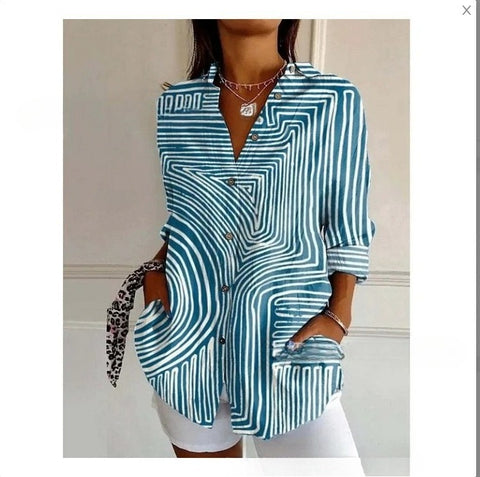 3D digital printing abstract pattern women's long-sleeved buckle linen shirt m302749-03