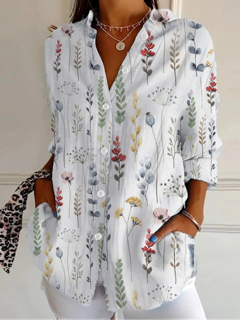 3D digital printing abstract pattern women's long-sleeved buckle linen shirt m302749-03