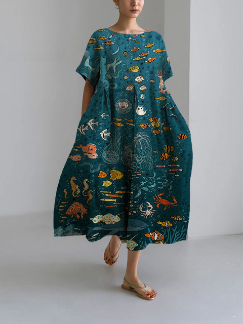 Lockeres Damenkleid mit Rundhalsausschnitt, modisches High-End-Kleid mit kurzen Ärmeln und Print m301052