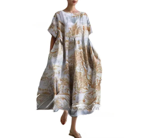 Lockeres Damenkleid mit Rundhalsausschnitt, modisches High-End-Kleid mit kurzen Ärmeln und Print m301052