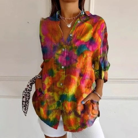 3D digital printing abstract pattern women's long-sleeved buckle linen shirt m302749-03