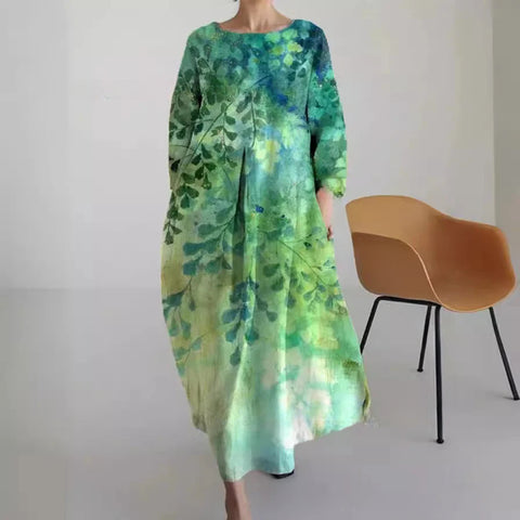 Robe ample à col ras du cou et manches longues imprimée m301072