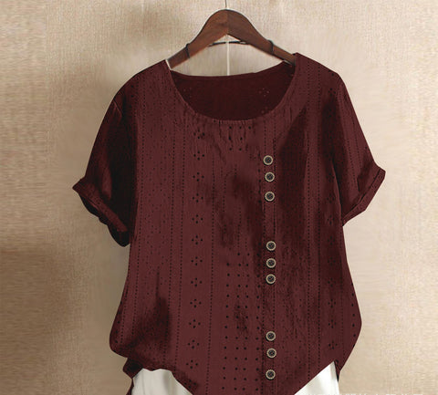 Haut d'été ample à manches courtes et col rond pour femme, couleur unie, avec boutons, style Palace Lock, m300046