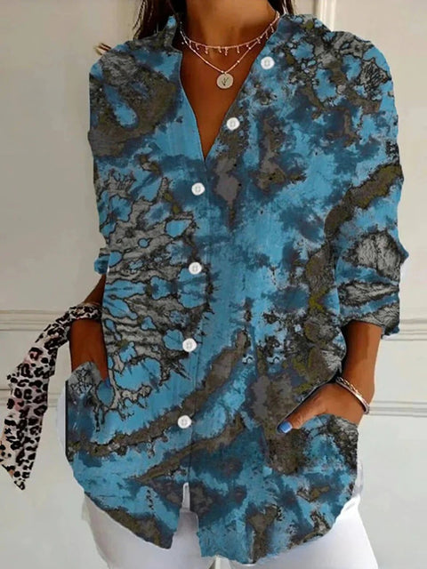 3D digital printing abstract pattern women's long-sleeved buckle linen shirt m302749-03