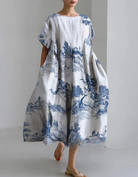 Lockeres Damenkleid mit Rundhalsausschnitt, modisches High-End-Kleid mit kurzen Ärmeln und Print m301052