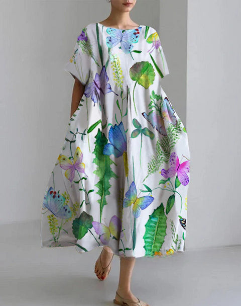 Lockeres Damenkleid mit Rundhalsausschnitt, modisches High-End-Kleid mit kurzen Ärmeln und Print m301052