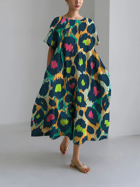 Lockeres Damenkleid mit Rundhalsausschnitt, modisches High-End-Kleid mit kurzen Ärmeln und Print m301052