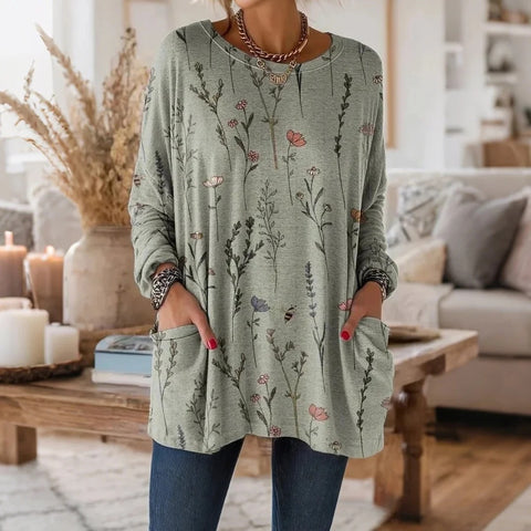 3D printed women's new medium and long pocket round neck pullover fashion T-shirt m303192